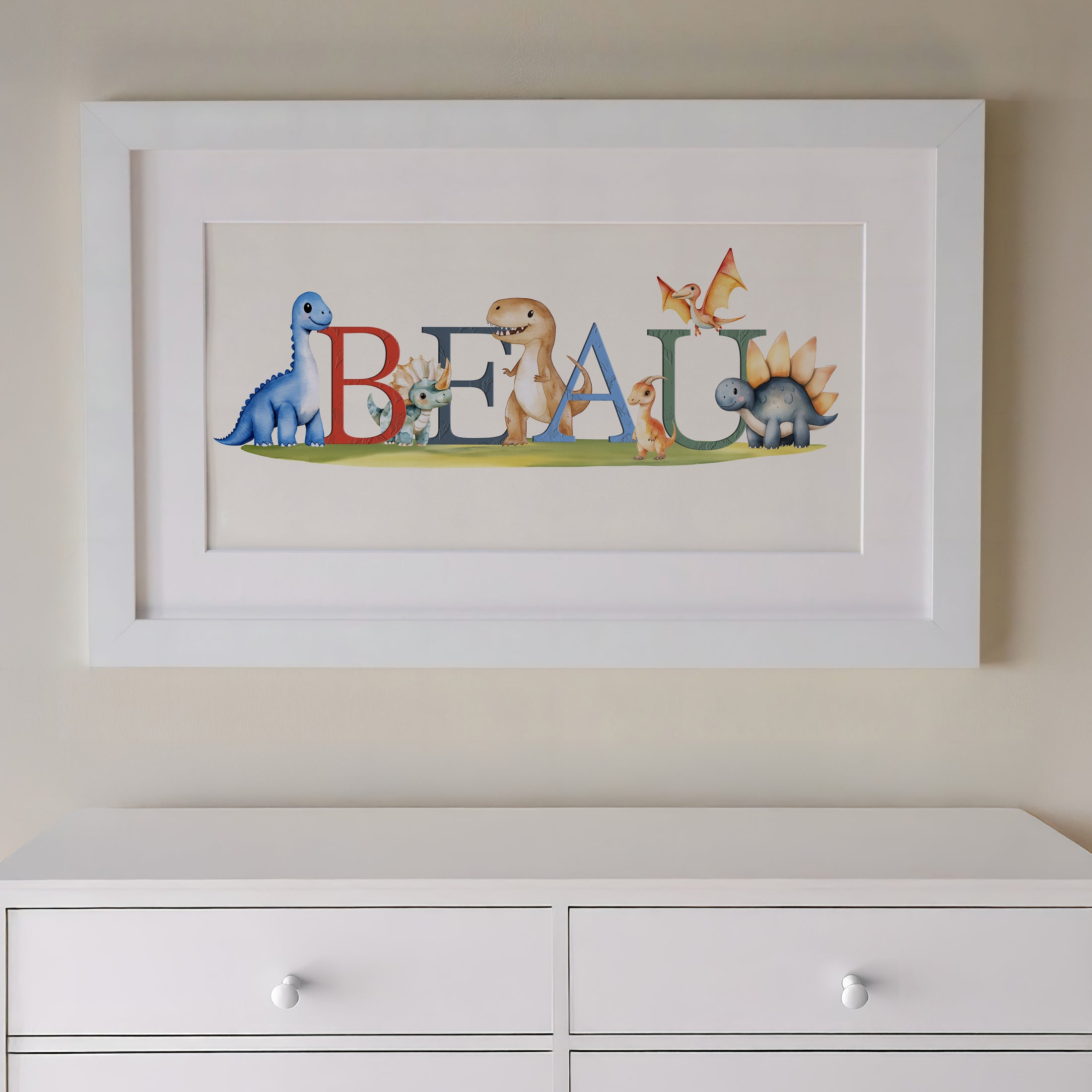 Personalised Panoramic Framed Print | Dinosaur | Oak or White Frame with Mount Included - RoseRowanDesign