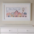Load image into Gallery viewer, Close-up of personalization details: Close-up of a name and year of birth printed on the Tiny Town artwork in elegant font.
