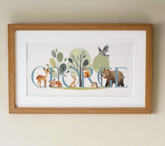Personalised Panoramic Framed Print | Woodland Animal | Oak or White Frame with Mount Included - RoseRowanDesign