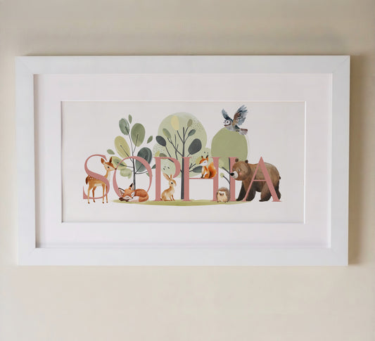 Personalised Panoramic Framed Print | Woodland Animal | Oak or White Frame with Mount Included - RoseRowanDesign