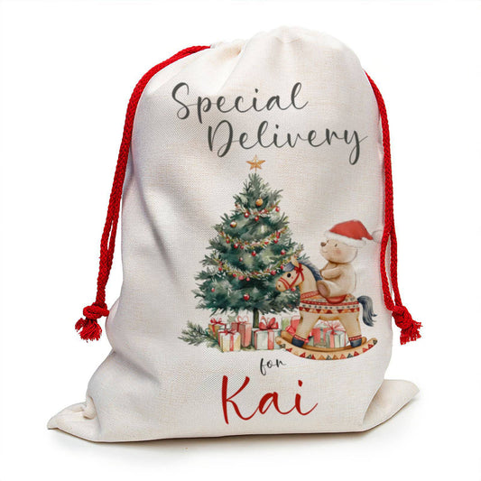Santa Sack, Personalised Christmas Toy Bag - Large - Rocking Horse & Bear - RoseRowanDesign