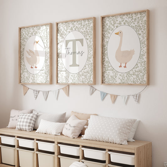 Goose Personalised Nursery Wall Art | Set of 3 | Sage Green - RoseRowanDesign