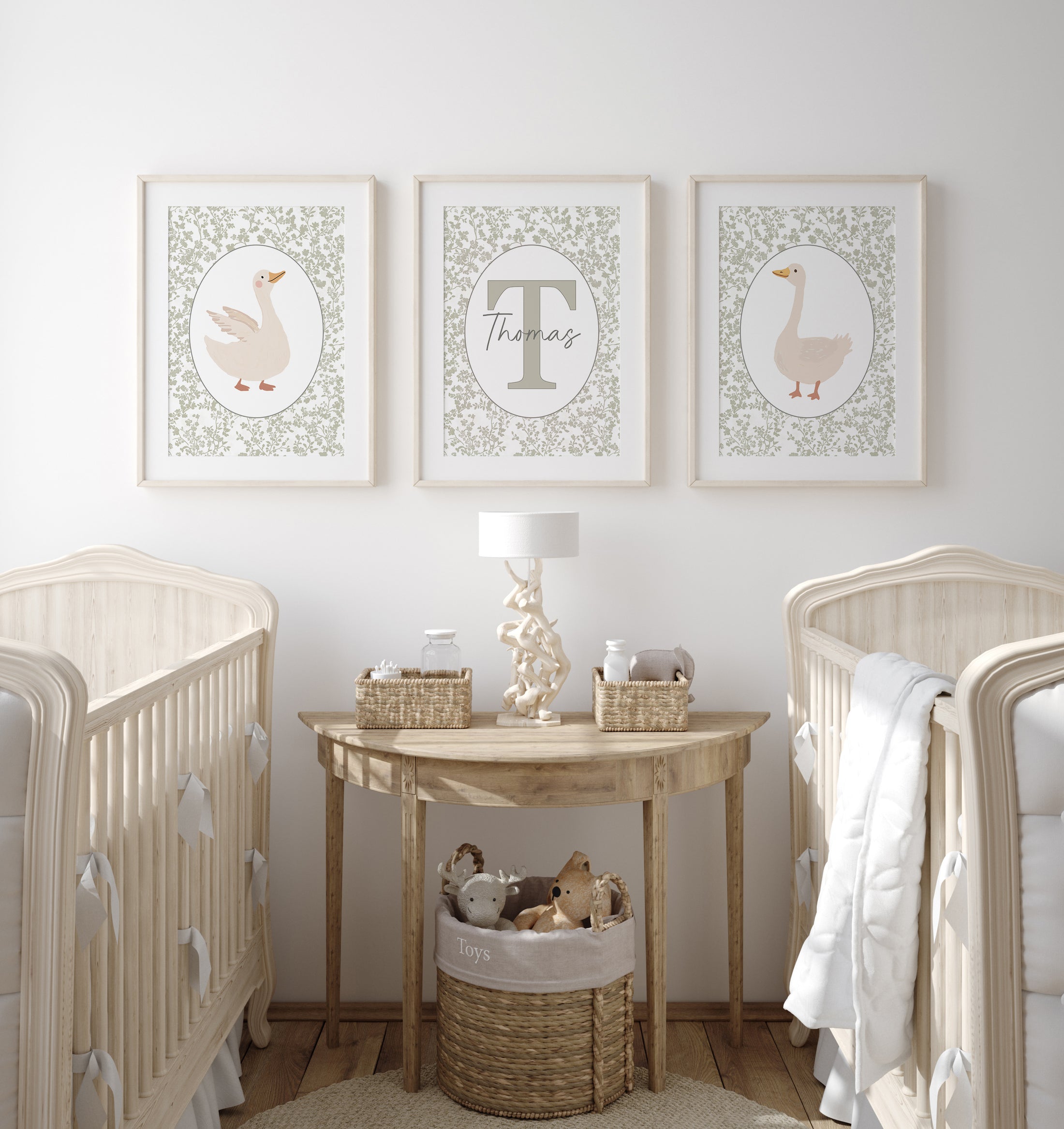 Goose Personalised Nursery Wall Art | Set of 3 | Sage Green - RoseRowanDesign