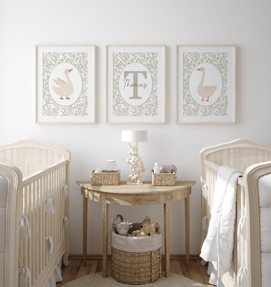 Goose Personalised Nursery Wall Art | Set of 3 | Sage Green - RoseRowanDesign