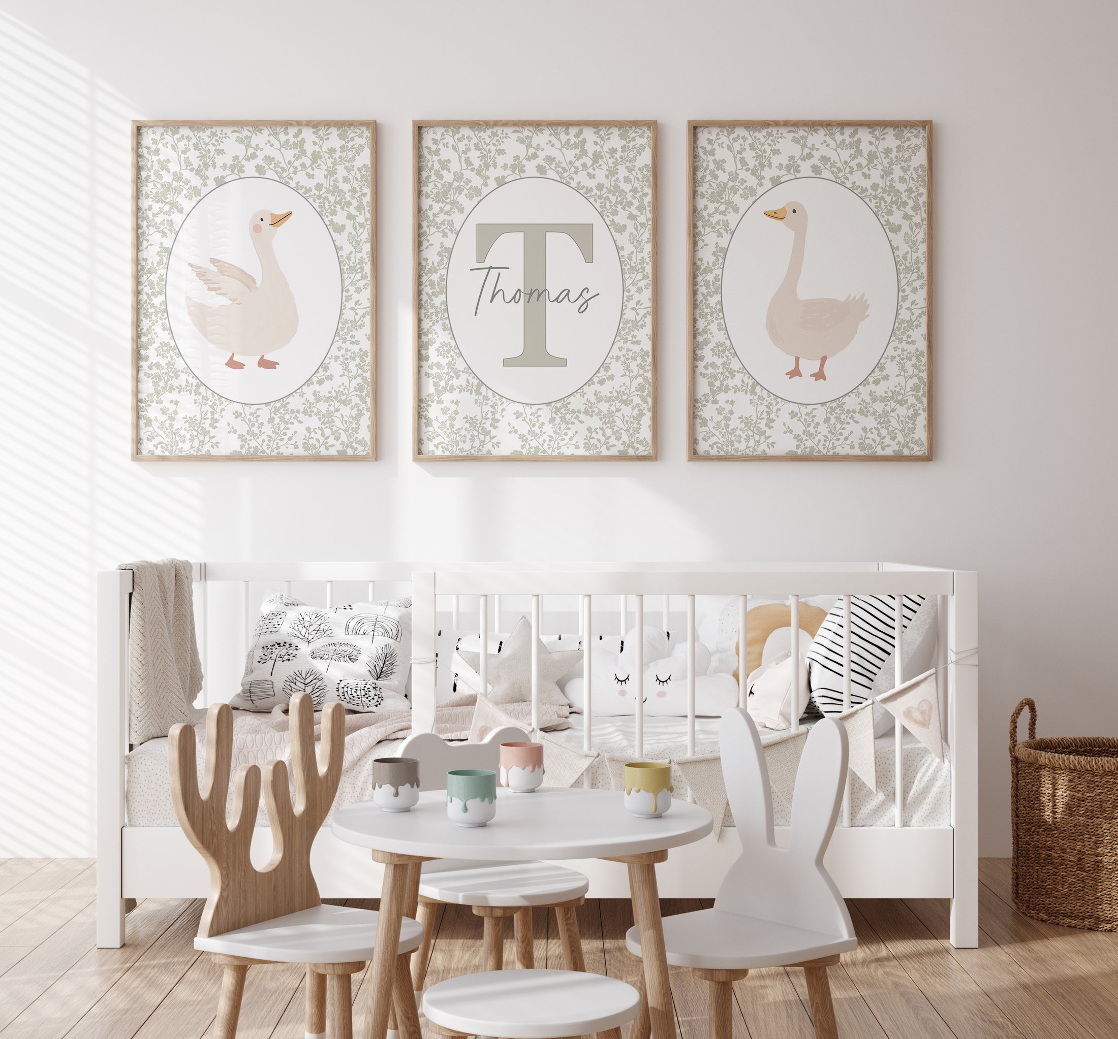 Goose Personalised Nursery Wall Art | Set of 3 | Sage Green - RoseRowanDesign