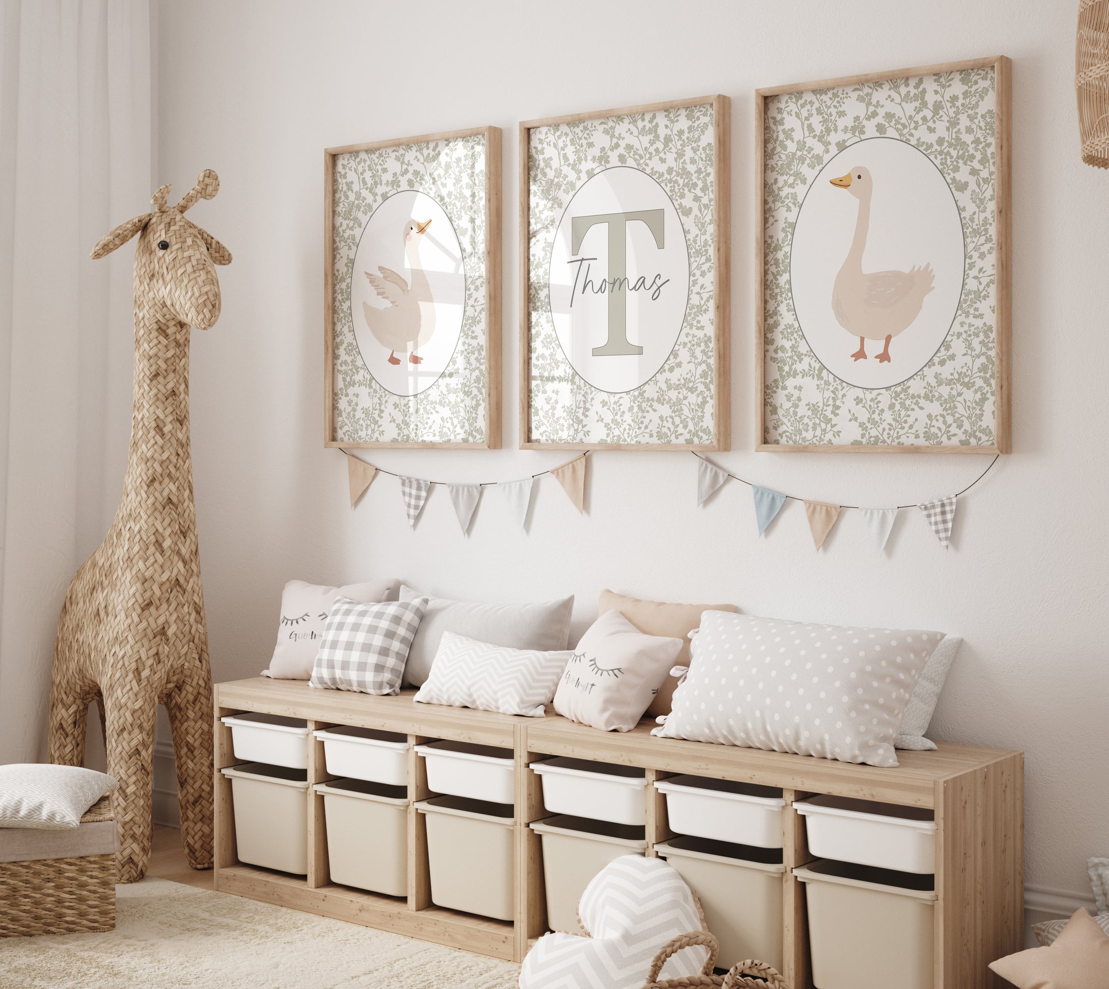 Goose Personalised Nursery Wall Art | Set of 3 | Sage Green - RoseRowanDesign