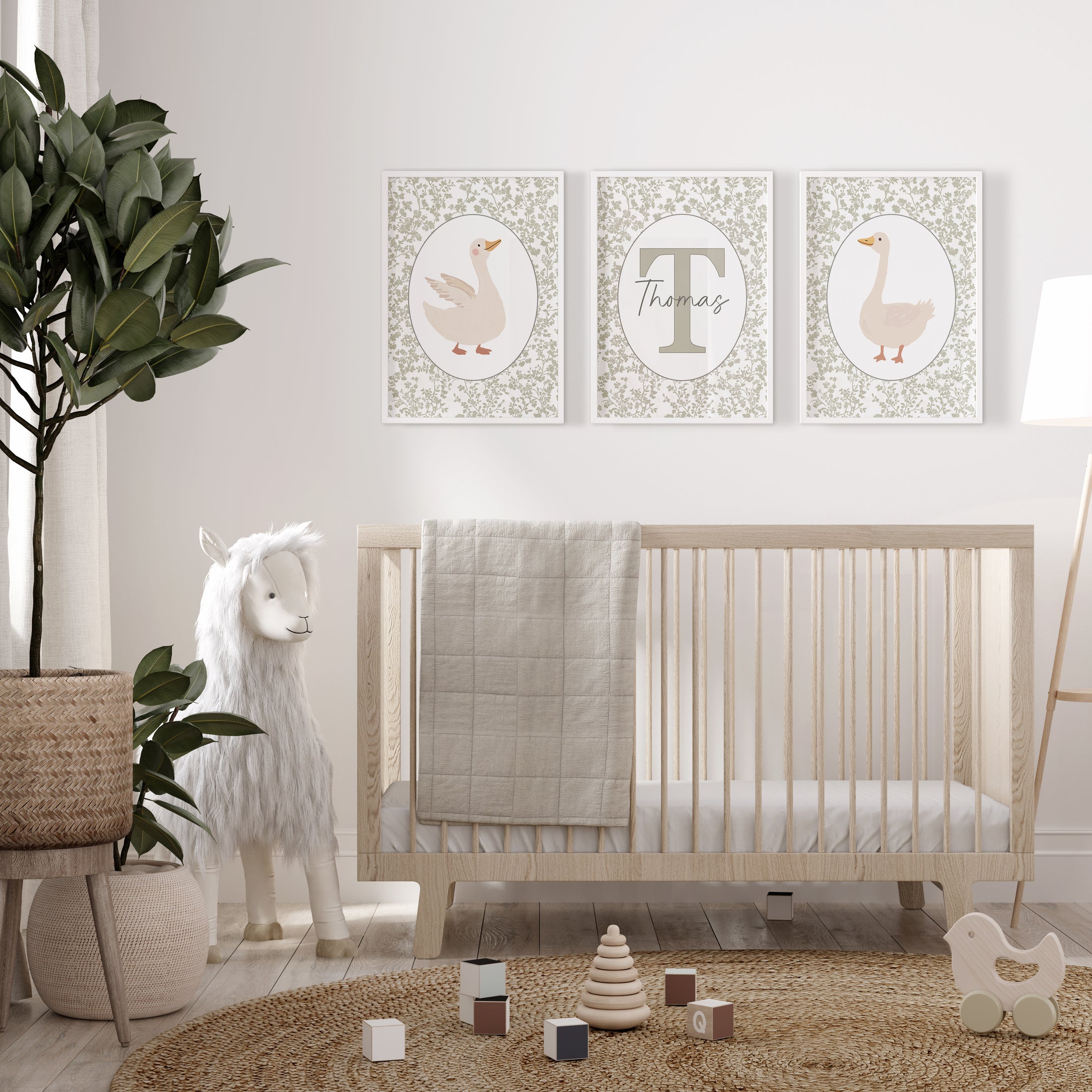 Goose Personalised Nursery Wall Art | Set of 3 | Sage Green - RoseRowanDesign