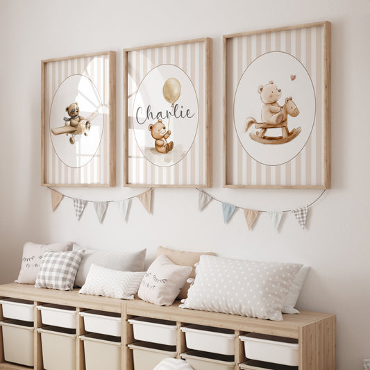 Personalised Bear Nursery Prints | Set of 3 | Beige Stripes - RoseRowanDesign
