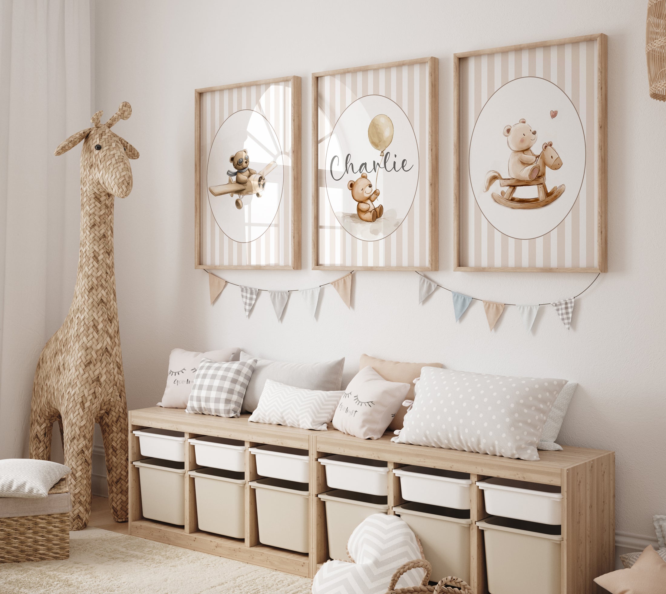 Personalised Bear Nursery Prints | Set of 3 | Beige Stripes - RoseRowanDesign