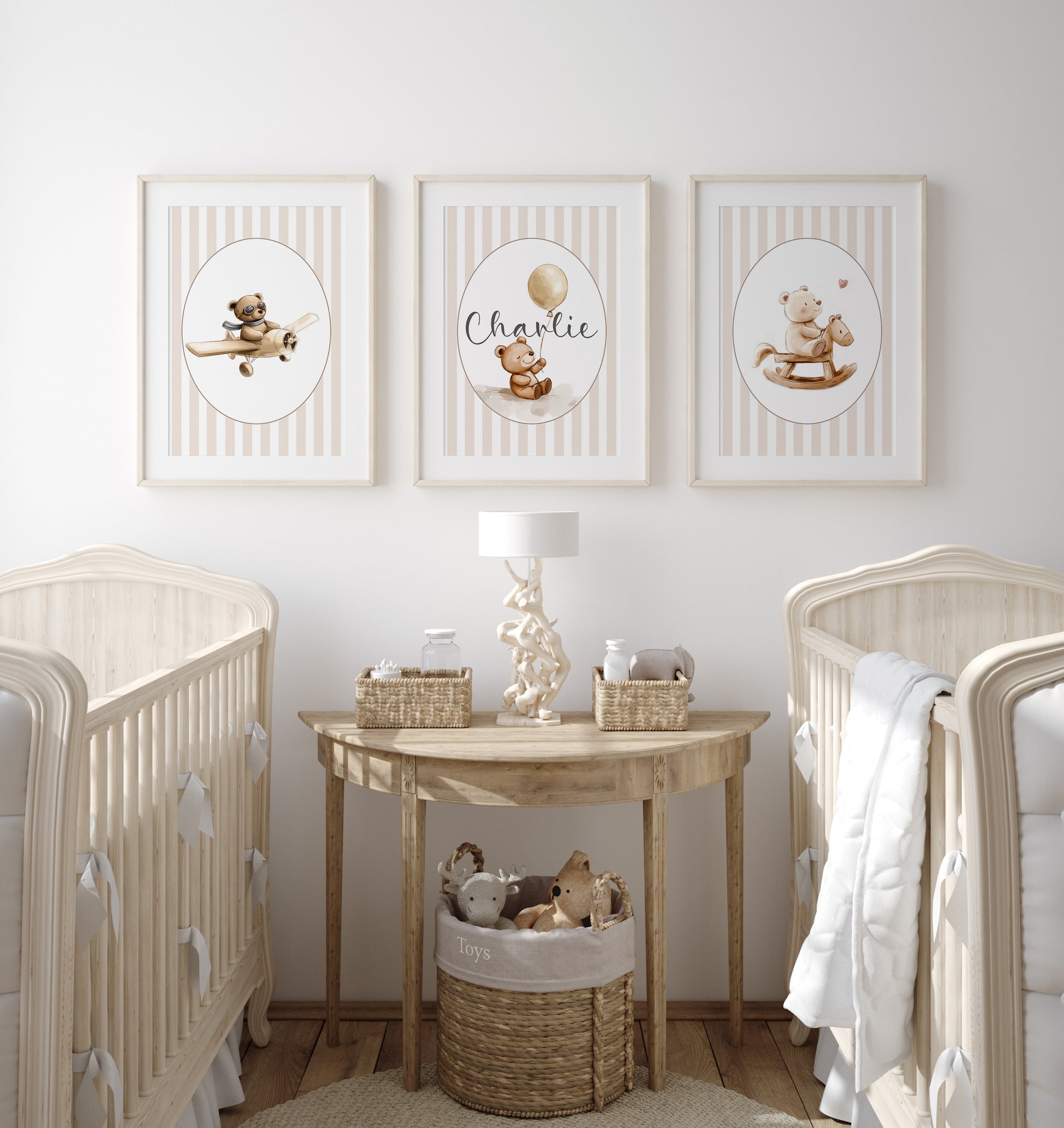 Personalised Bear Nursery Prints | Set of 3 | Beige Stripes - RoseRowanDesign