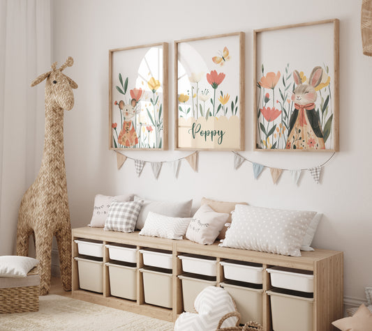 Personalised Wildflower Rabbit Set of 3 for Kids Nursery, Bedroom or Playroom - RoseRowanDesign