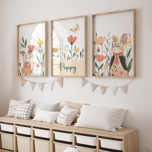Personalised Wildflower Rabbit Set of 3 for Kids Nursery, Bedroom or Playroom - RoseRowanDesign