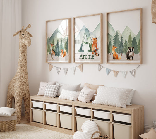 Personalised Woodland Animal | Set of 3 Prints | Forest & Mountain for Kids room - RoseRowanDesign