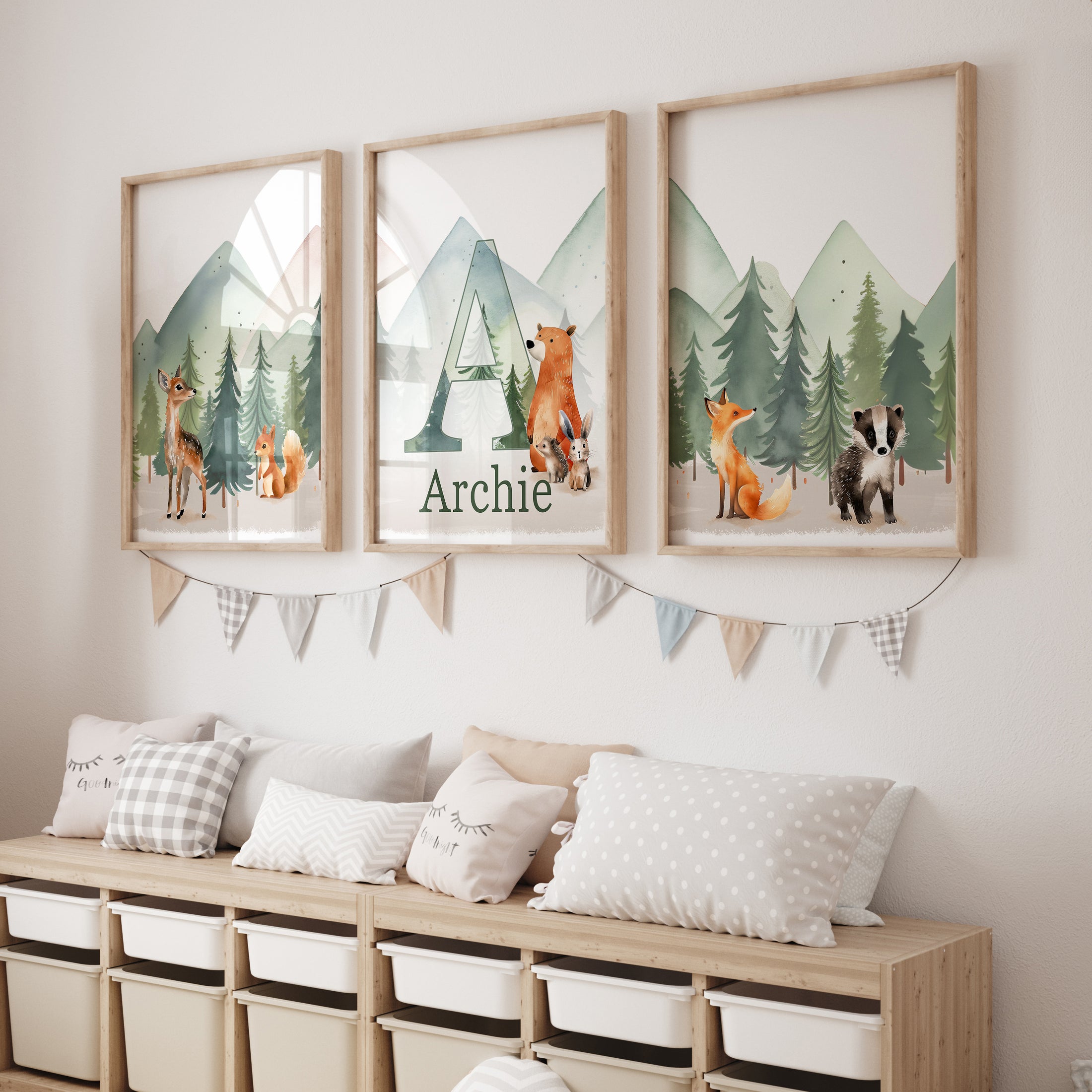 Personalised Woodland Animal | Set of 3 Prints | Forest & Mountain for Kids room - RoseRowanDesign