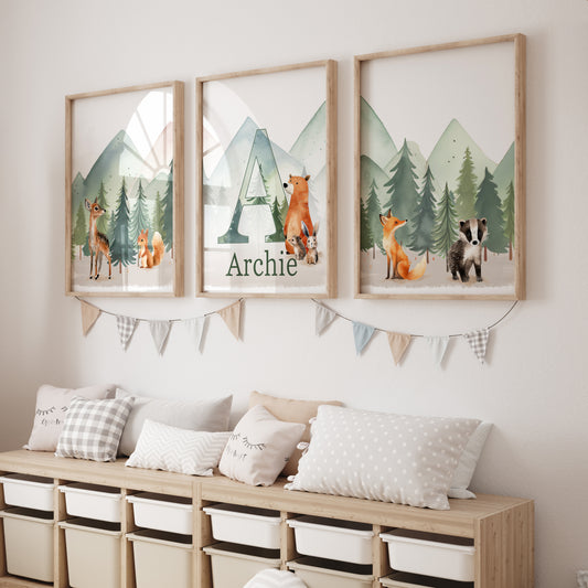 Personalised Woodland Animal | Set of 3 Prints | Forest & Mountain for Kids room - RoseRowanDesign
