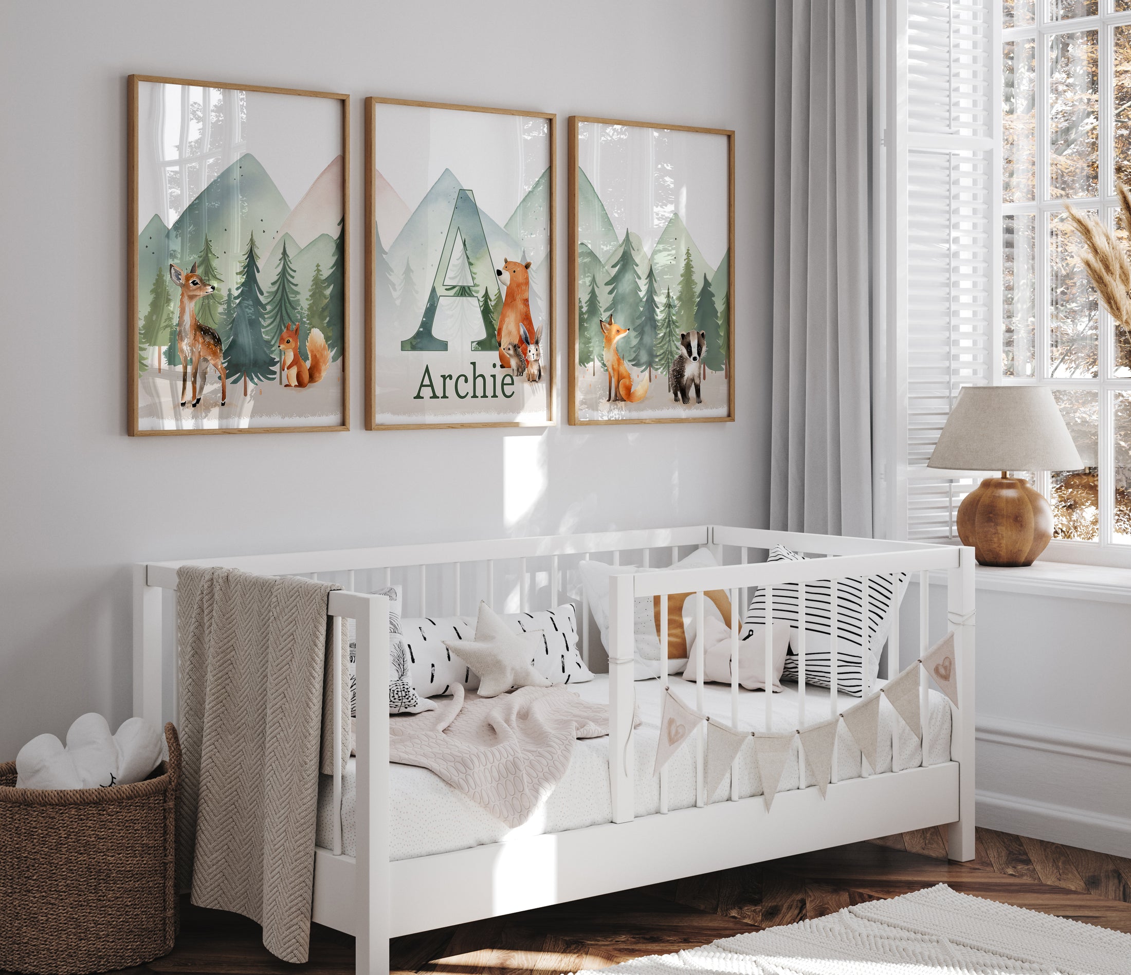 Personalised Woodland Animal | Set of 3 Prints | Forest & Mountain for Kids room - RoseRowanDesign