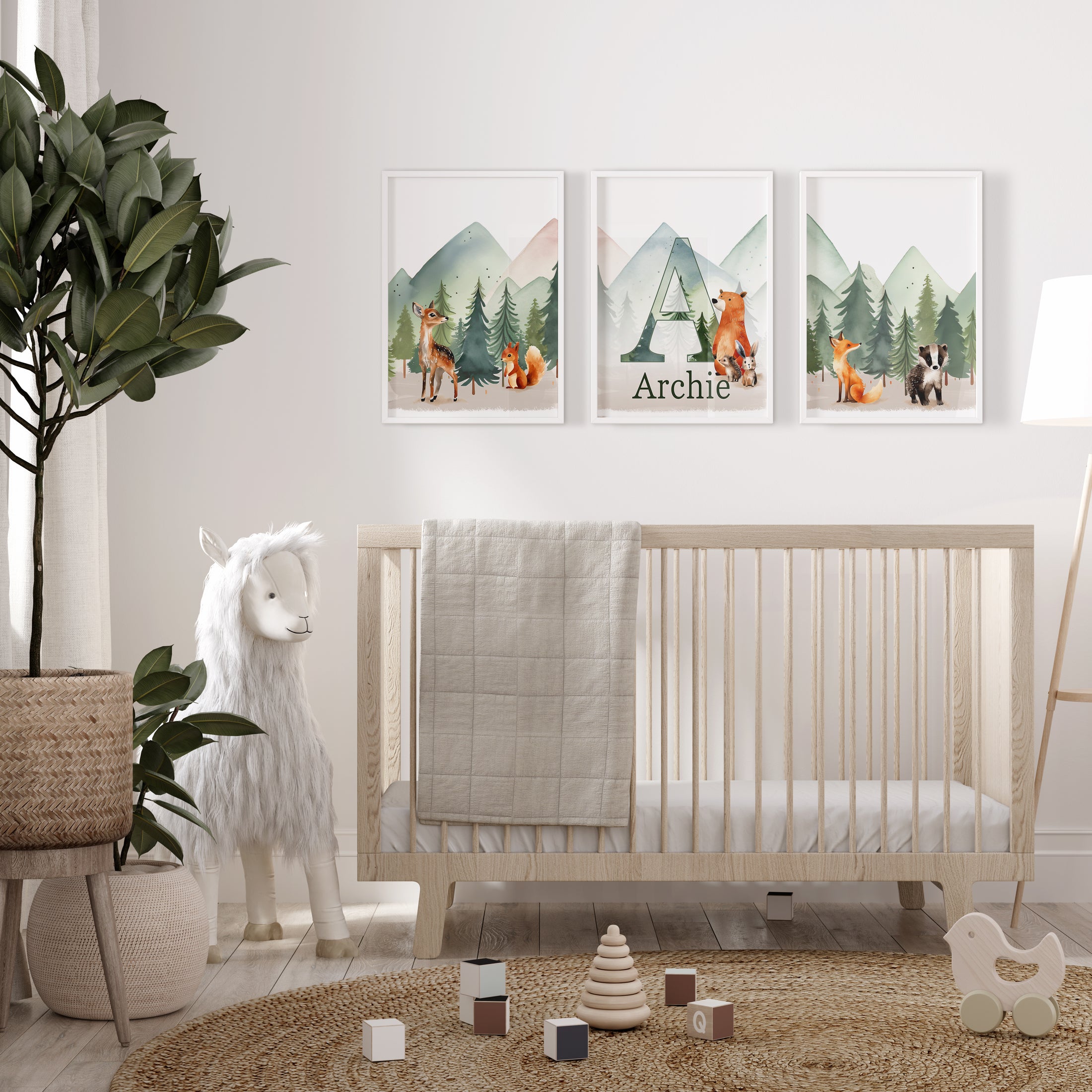 Personalised Woodland Animal | Set of 3 Prints | Forest & Mountain for Kids room - RoseRowanDesign