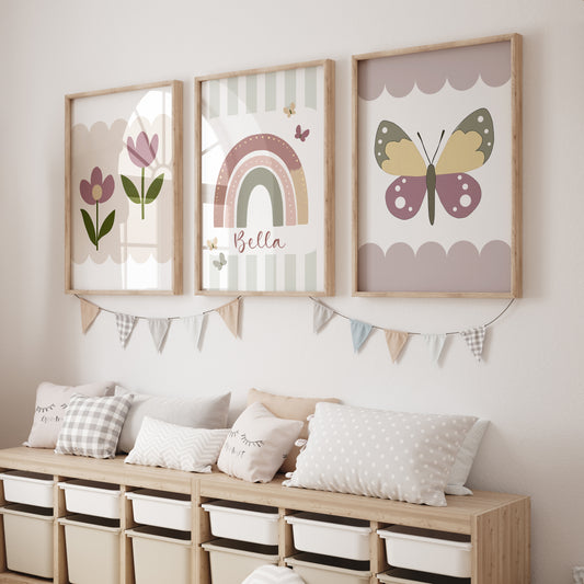 Rainbow, Flowers and Butterflies | Set of 3 Personalised Girls Room Decor - RoseRowanDesign