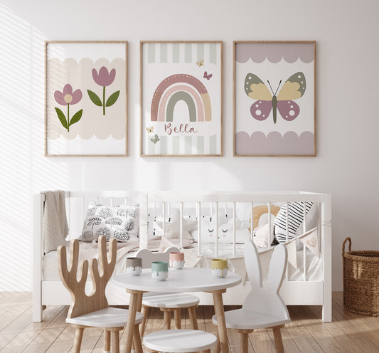 Rainbow, Flowers and Butterflies | Set of 3 Personalised Girls Room Decor - RoseRowanDesign