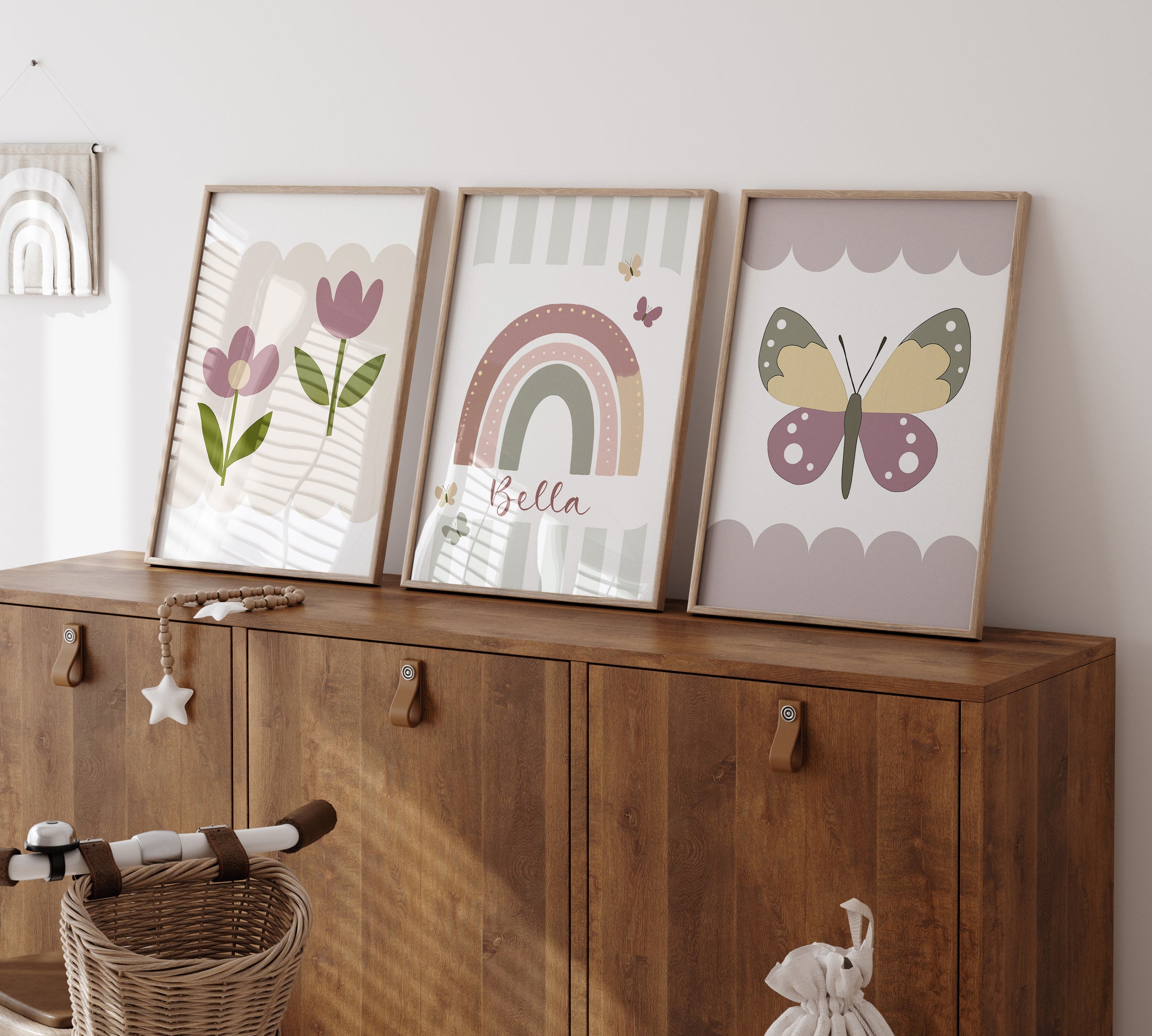 Rainbow, Flowers and Butterflies | Set of 3 Personalised Girls Room Decor - RoseRowanDesign