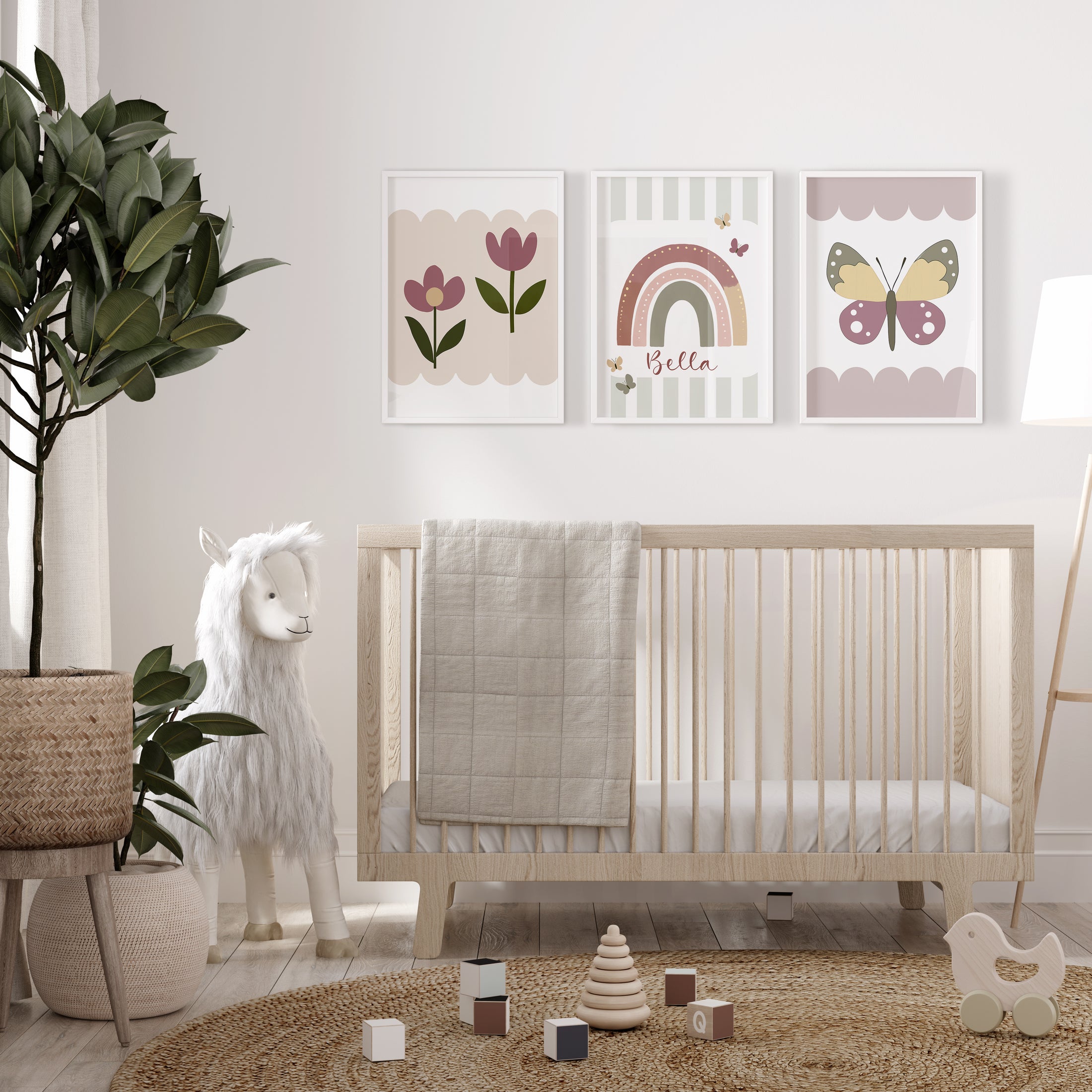 Rainbow, Flowers and Butterflies | Set of 3 Personalised Girls Room Decor - RoseRowanDesign