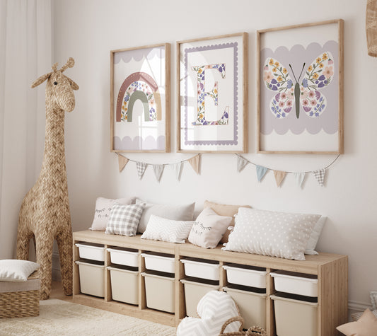Wildflower, Butterfly, Rainbow Personalised | Set of 3 Prints | For Girls Room - RoseRowanDesign