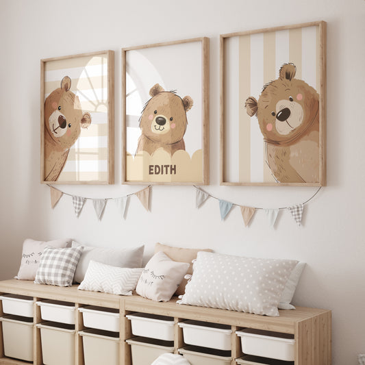 Personalised Strippy Bears | Set of 3 Prints | Choice of Colours | Nursery Wall Art - RoseRowanDesign