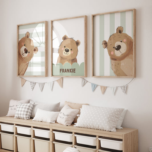 Personalised Strippy Bears | Set of 3 Prints | Choice of Colours | Nursery Wall Art - RoseRowanDesign