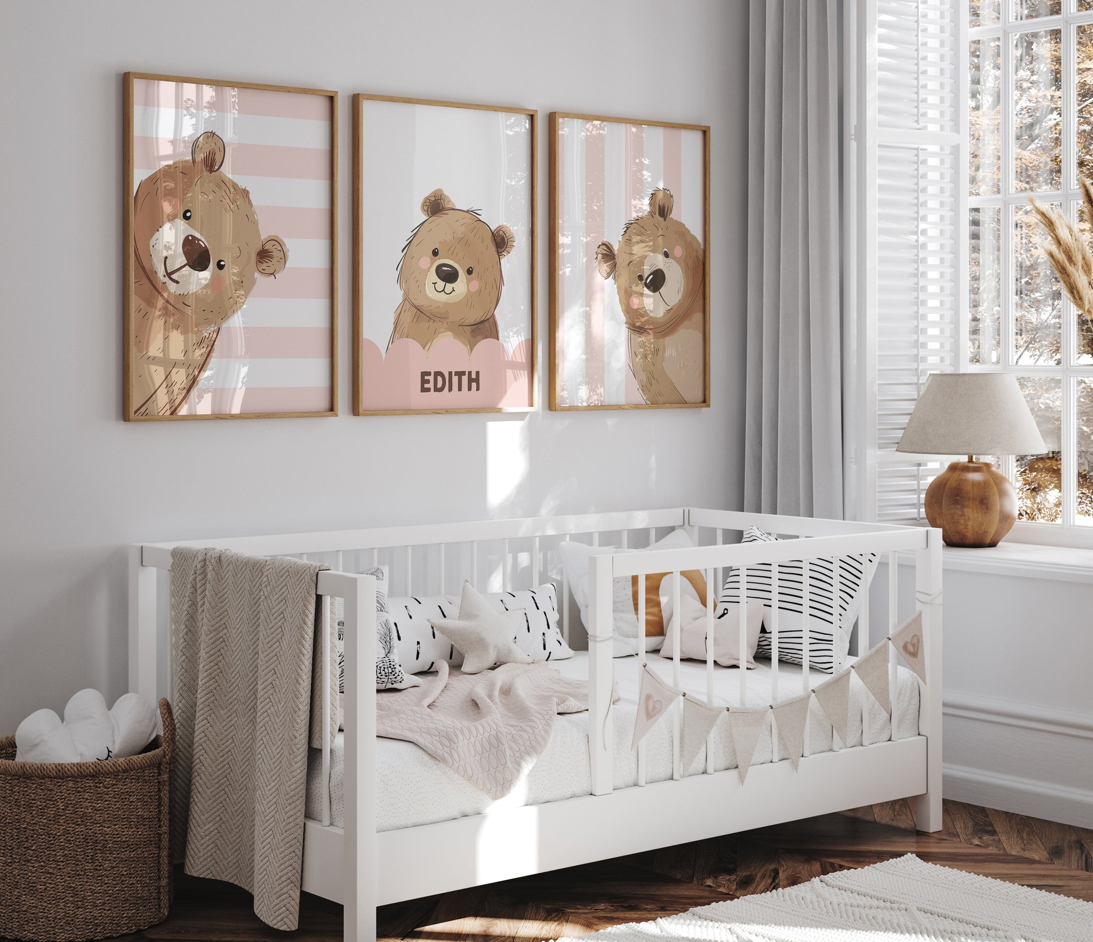 Personalised Strippy Bears | Set of 3 Prints | Choice of Colours | Nursery Wall Art - RoseRowanDesign
