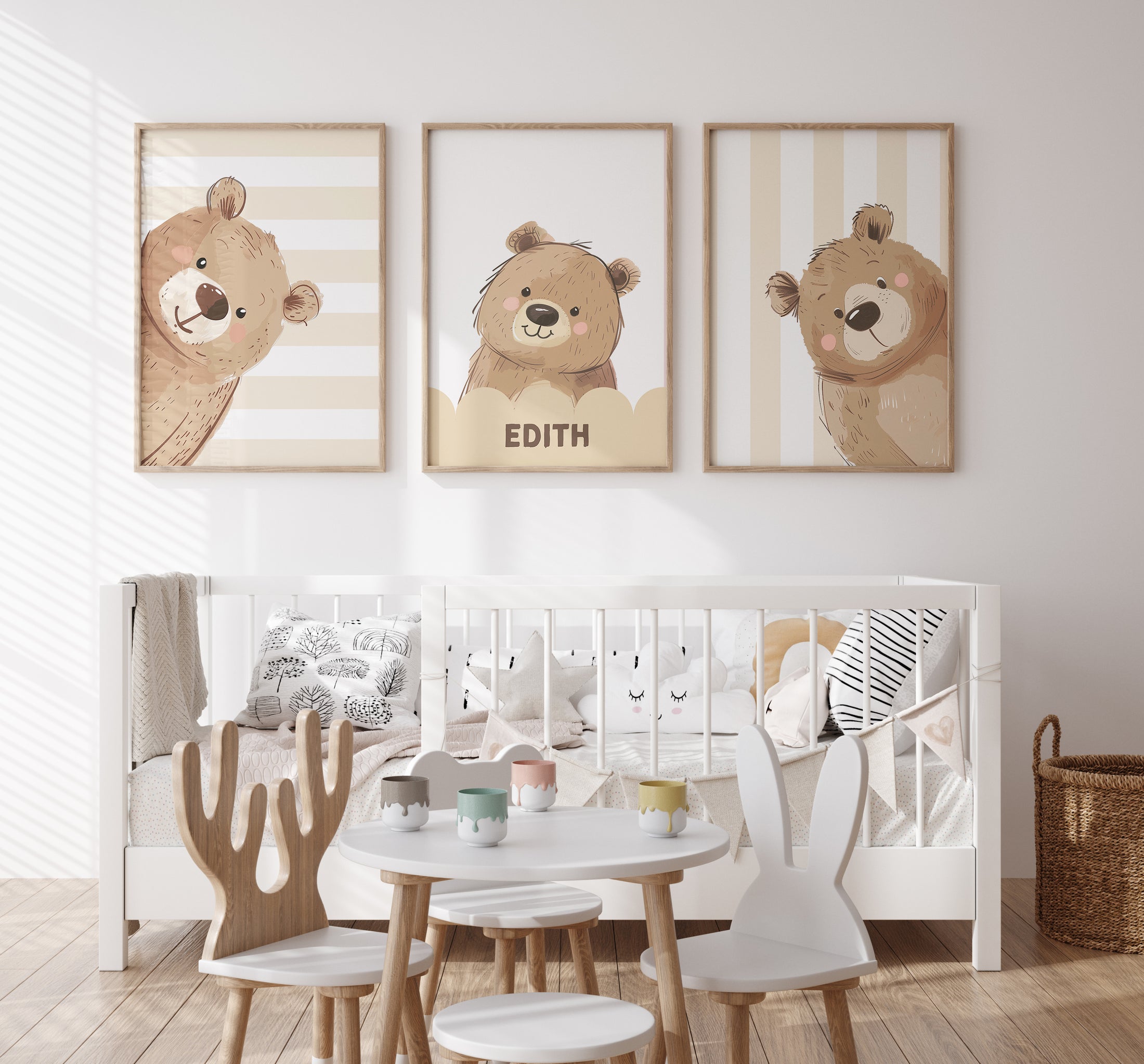 Personalised Strippy Bears | Set of 3 Prints | Choice of Colours | Nursery Wall Art - RoseRowanDesign