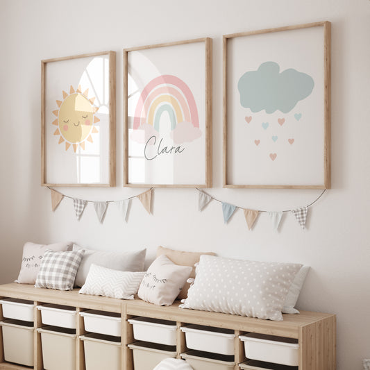 Boho Cloud, Sun & Rainbow Pastel Coloured Prints | Set of 3 Prints for Babies Room - RoseRowanDesign