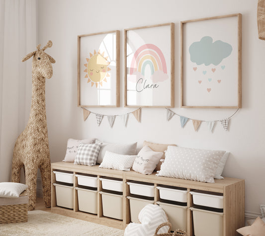 Boho Cloud, Sun & Rainbow Pastel Coloured Prints | Set of 3 Prints for Babies Room - RoseRowanDesign