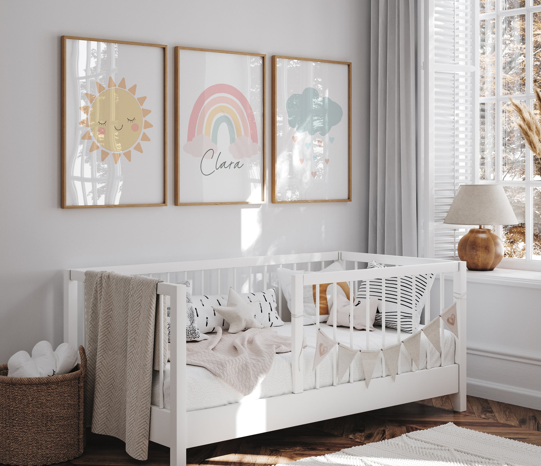 Boho Cloud, Sun & Rainbow Pastel Coloured Prints | Set of 3 Prints for Babies Room - RoseRowanDesign
