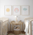 Load image into Gallery viewer, Boho Cloud, Sun & Rainbow Pastel Coloured Prints | Set of 3 Prints for Babies Room - RoseRowanDesign
