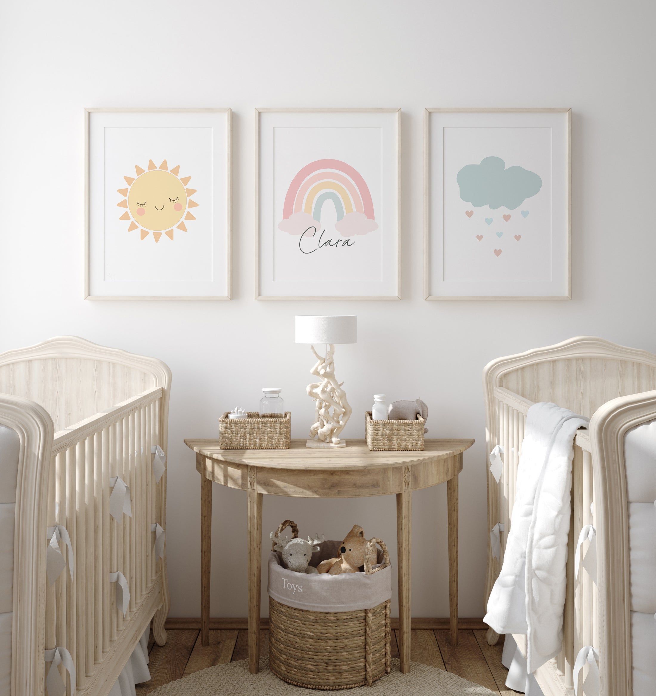 Boho Cloud, Sun & Rainbow Pastel Coloured Prints | Set of 3 Prints for Babies Room - RoseRowanDesign