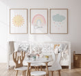 Load image into Gallery viewer, Boho Cloud, Sun & Rainbow Pastel Coloured Prints | Set of 3 Prints for Babies Room - RoseRowanDesign
