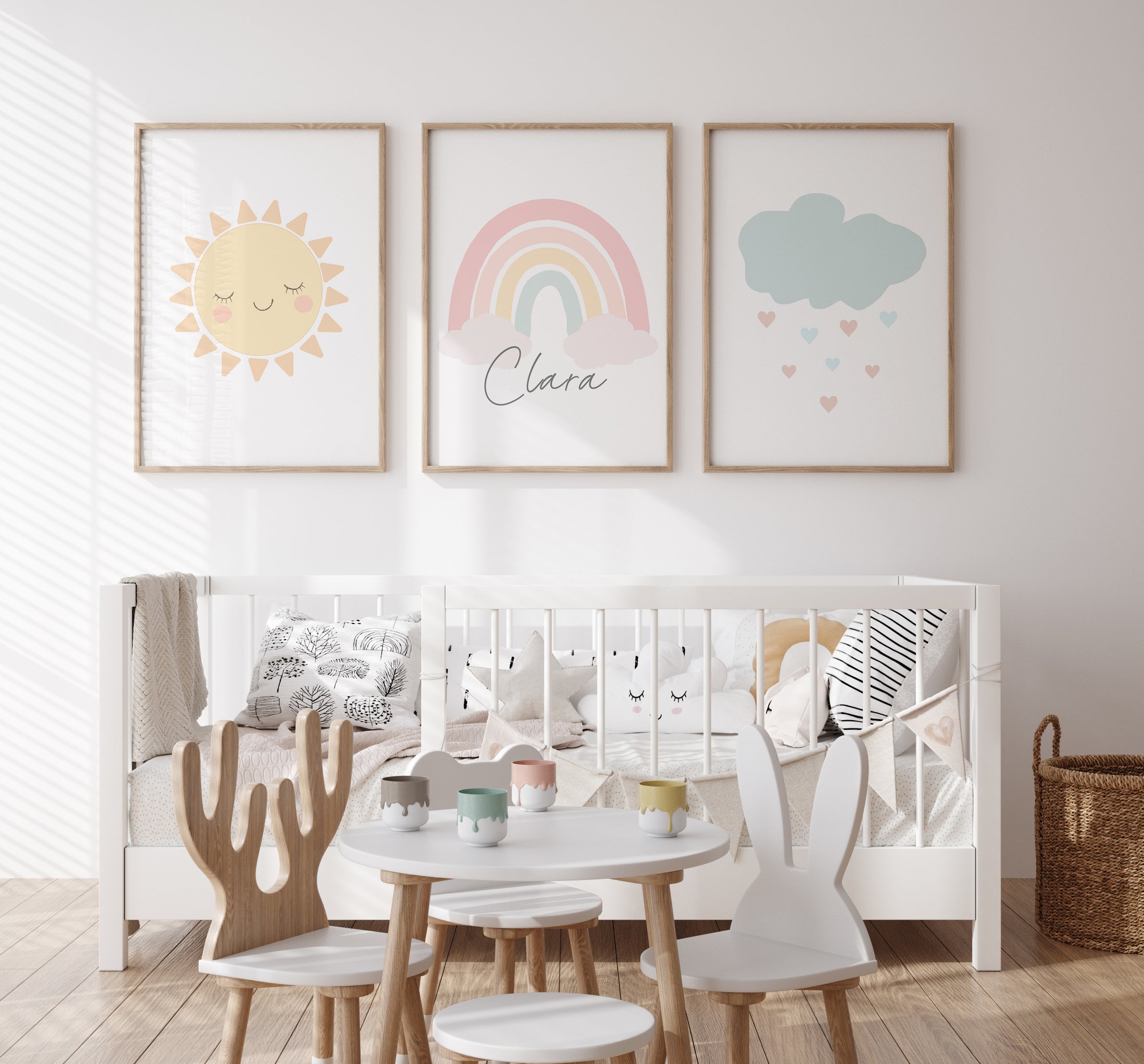 Boho Cloud, Sun & Rainbow Pastel Coloured Prints | Set of 3 Prints for Babies Room - RoseRowanDesign