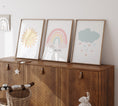 Load image into Gallery viewer, Boho Cloud, Sun & Rainbow Pastel Coloured Prints | Set of 3 Prints for Babies Room - RoseRowanDesign
