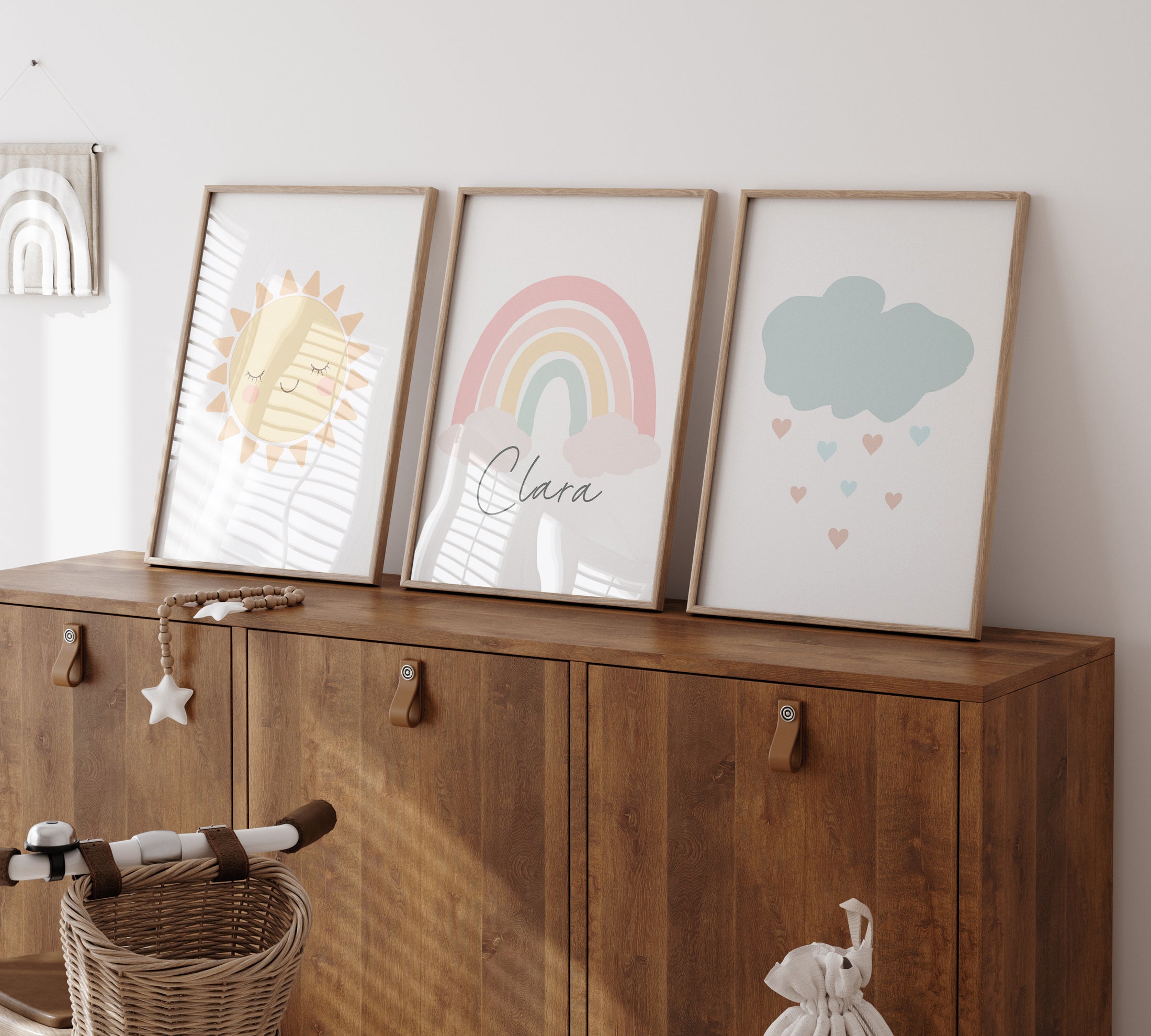 Boho Cloud, Sun & Rainbow Pastel Coloured Prints | Set of 3 Prints for Babies Room - RoseRowanDesign