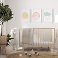 Load image into Gallery viewer, Boho Cloud, Sun & Rainbow Pastel Coloured Prints | Set of 3 Prints for Babies Room - RoseRowanDesign
