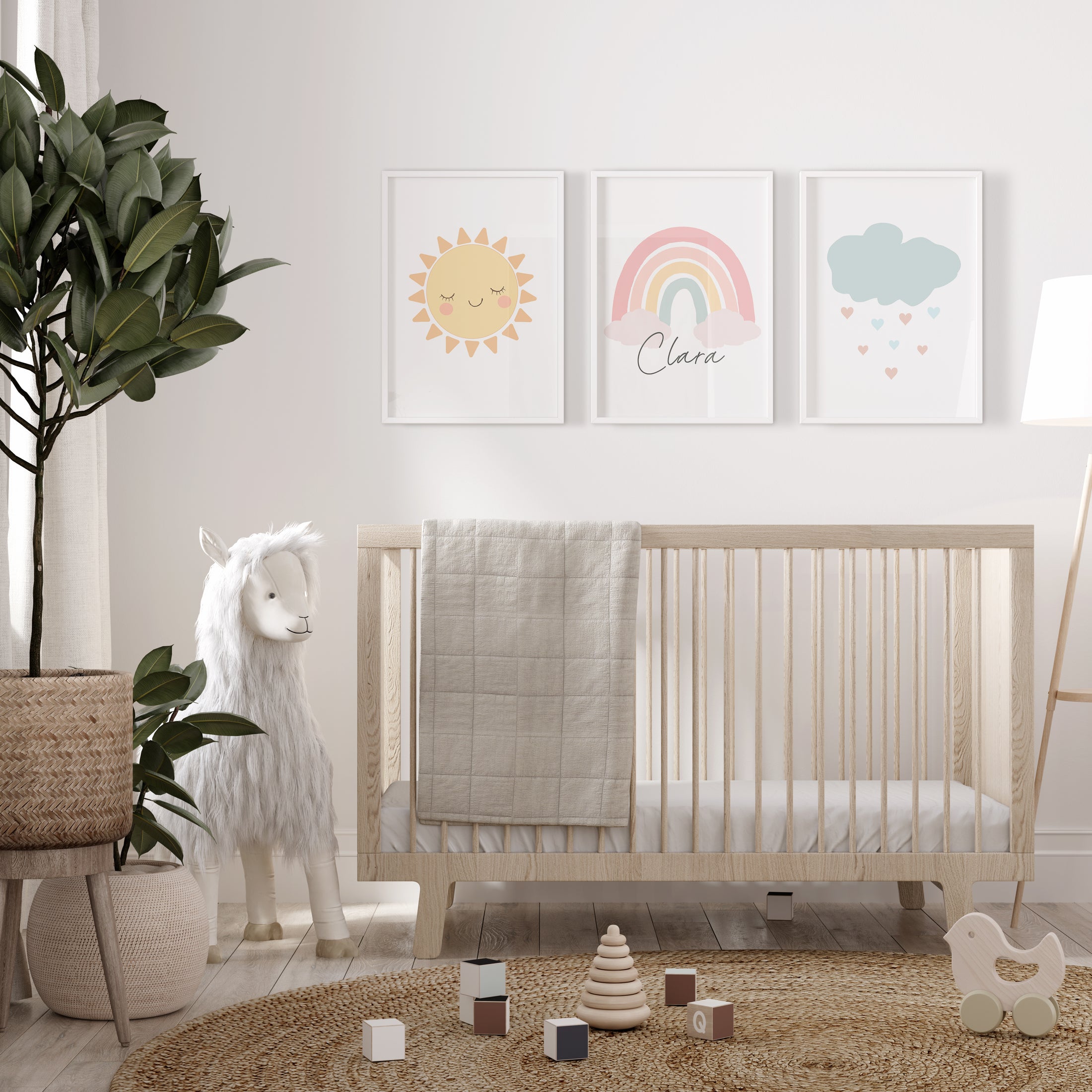 Boho Cloud, Sun & Rainbow Pastel Coloured Prints | Set of 3 Prints for Babies Room - RoseRowanDesign