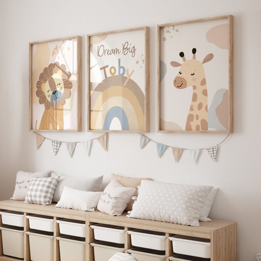 Boho Safari Animals Nursery Wall Art | Set of 3 Prints | Personalised Name - RoseRowanDesign
