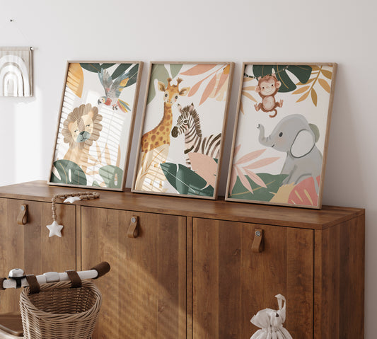 Botanical Safari Animals Nursery Wall Art | Set of 3 Prints - RoseRowanDesign