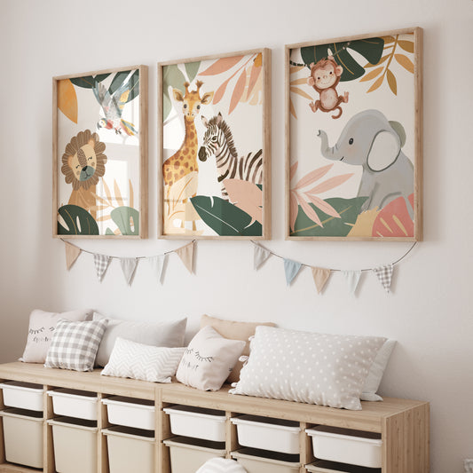 Botanical Safari Animals Nursery Wall Art | Set of 3 Prints - RoseRowanDesign