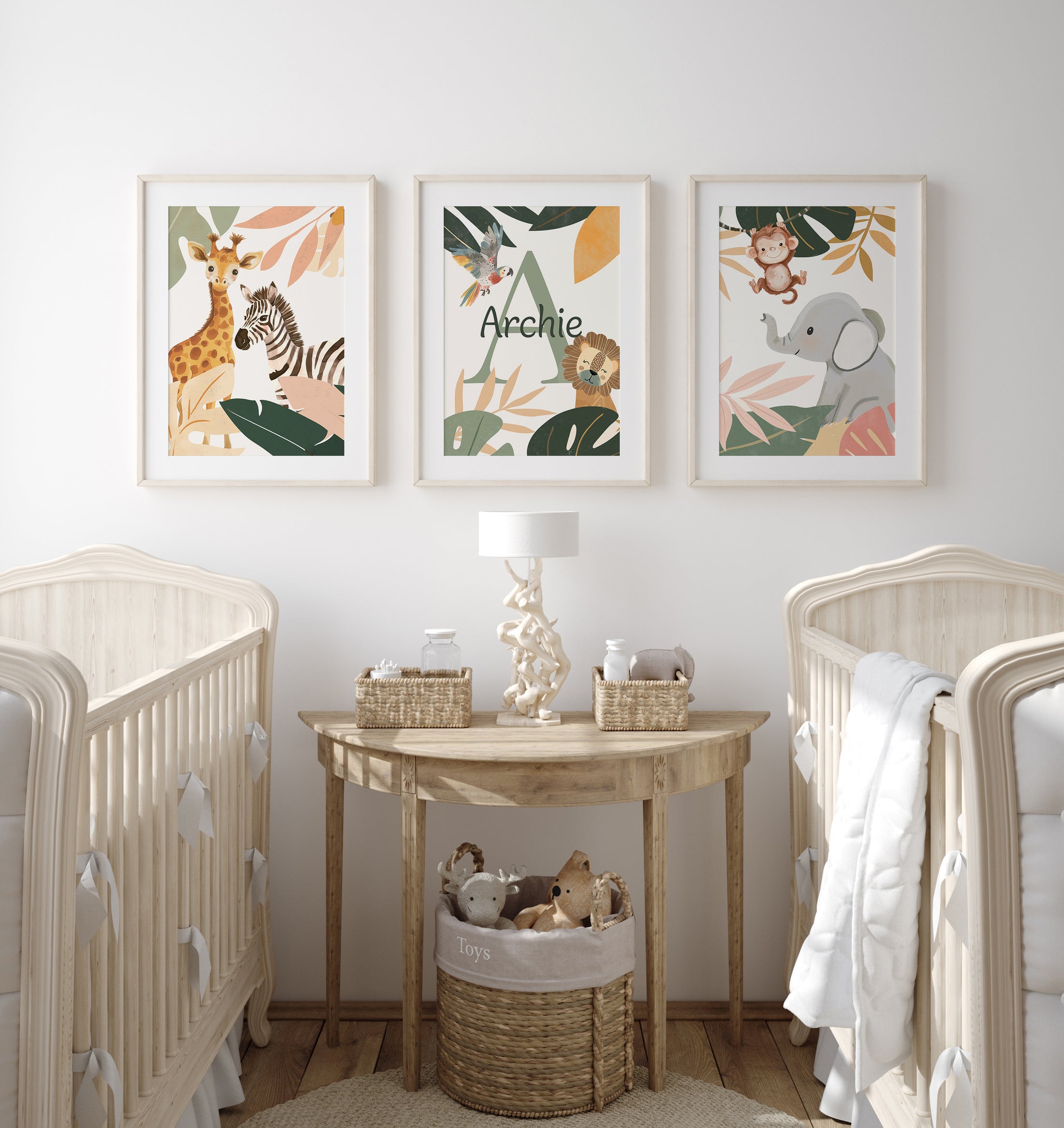 Botanical Safari Animals Nursery Wall Art | Set of 3 Prints | Personalised Name - RoseRowanDesign