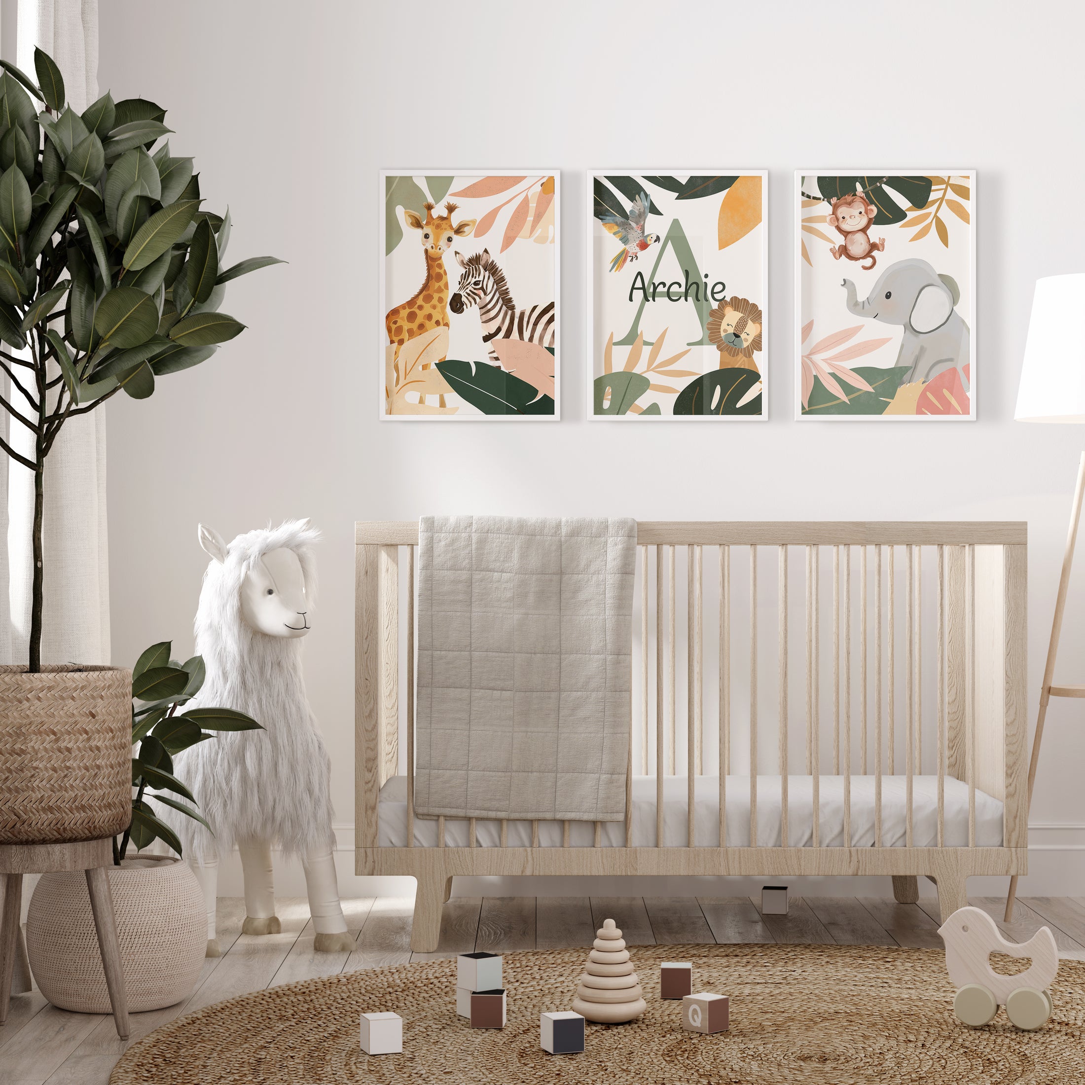 Botanical Safari Animals Nursery Wall Art | Set of 3 Prints | Personalised Name - RoseRowanDesign