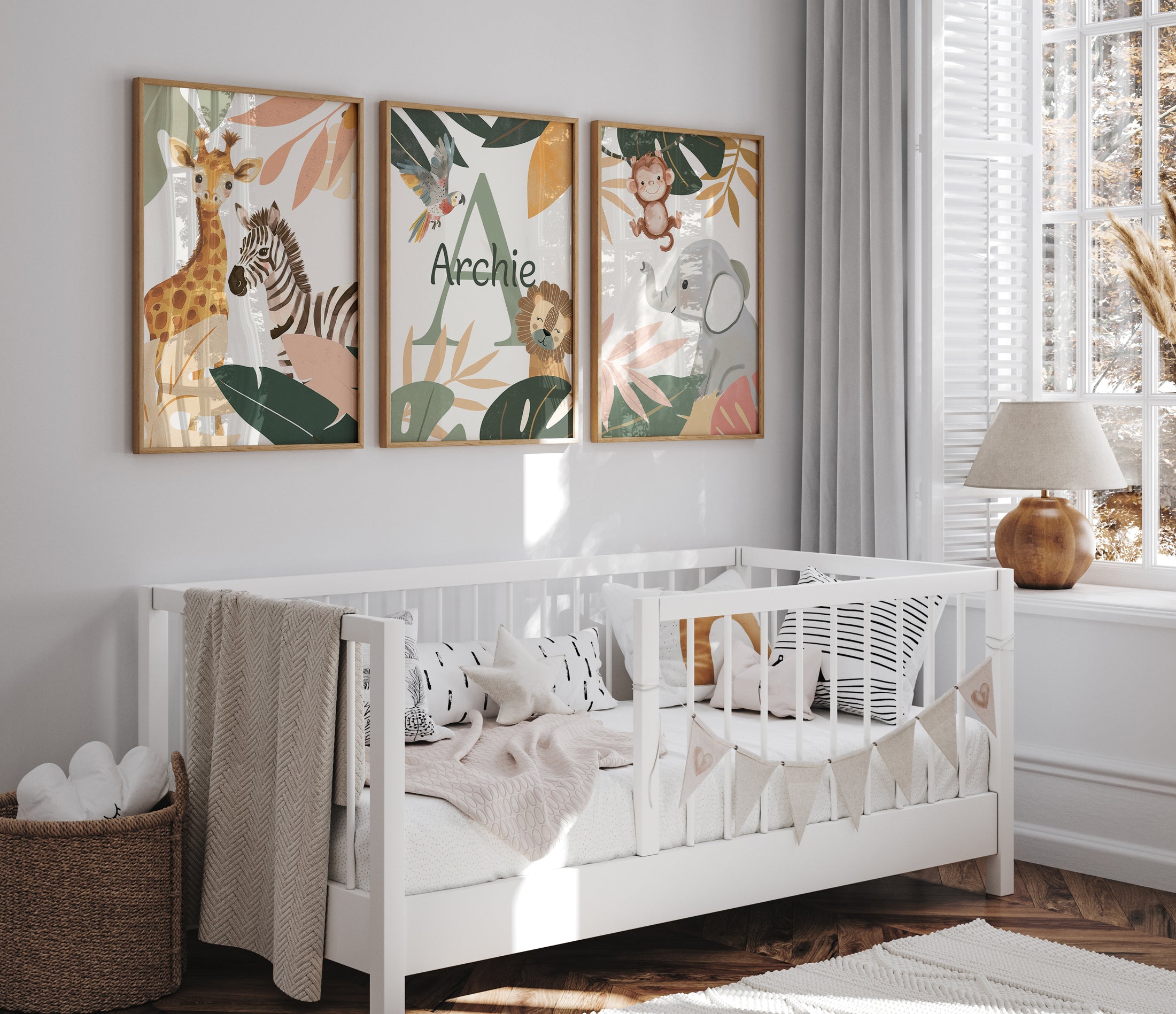 Botanical Safari Animals Nursery Wall Art | Set of 3 Prints | Personalised Name - RoseRowanDesign