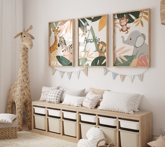 Botanical Safari Animals Nursery Wall Art | Set of 3 Prints | Personalised Name - RoseRowanDesign