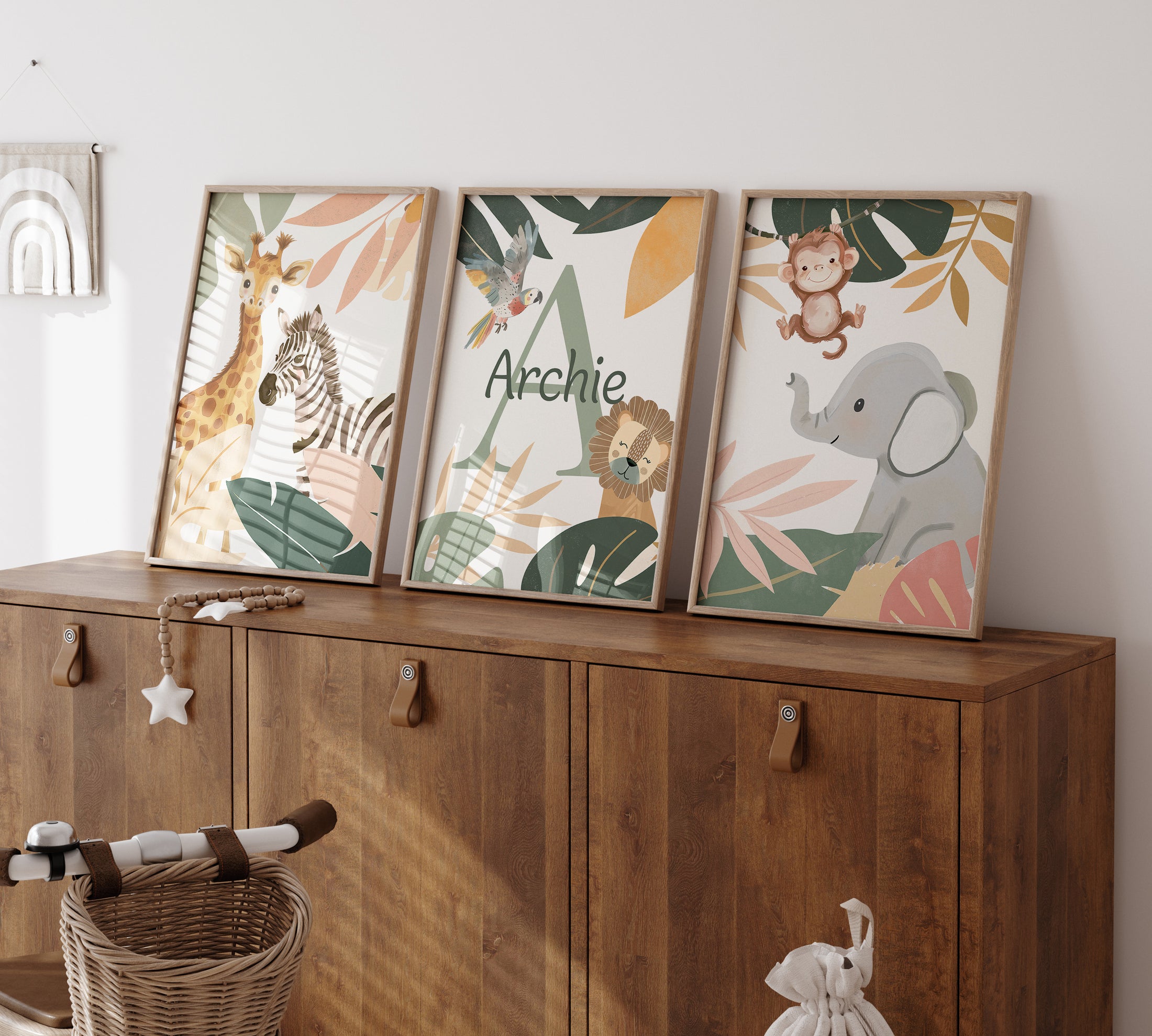 Botanical Safari Animals Nursery Wall Art | Set of 3 Prints | Personalised Name - RoseRowanDesign