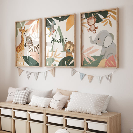 Botanical Safari Animals Nursery Wall Art | Set of 3 Prints | Personalised Name - RoseRowanDesign